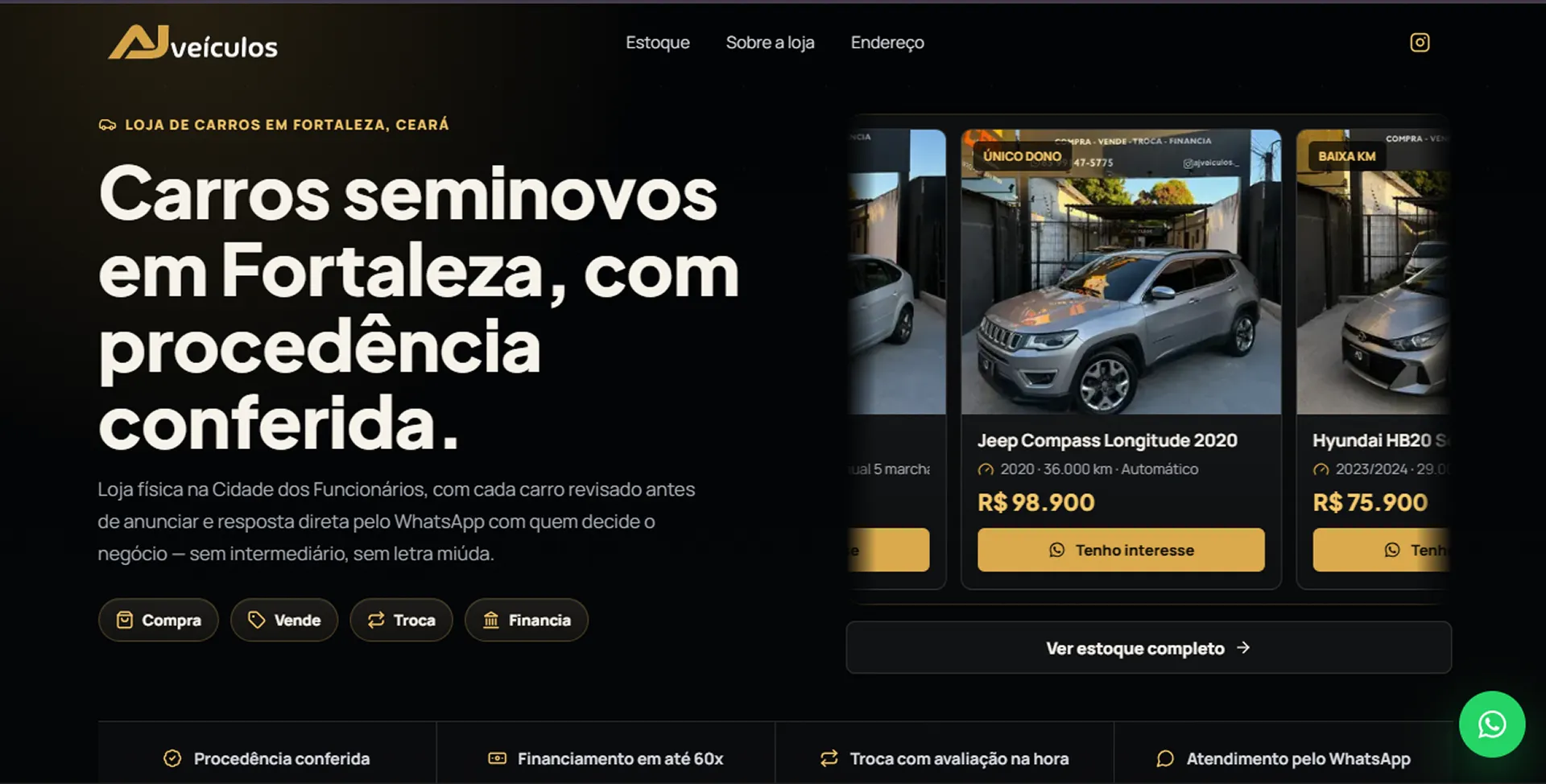 Página inicial do site AJ Veículos, desenvolvido pela ArtsCode
